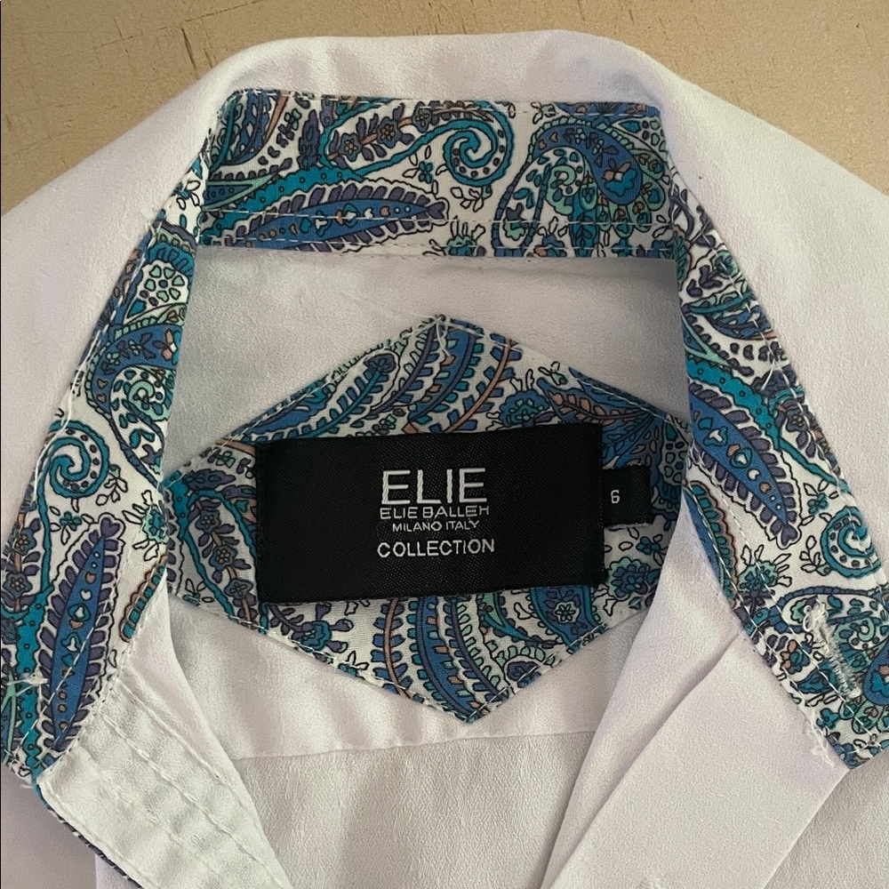 White Shirt with Blue Paisley Accents